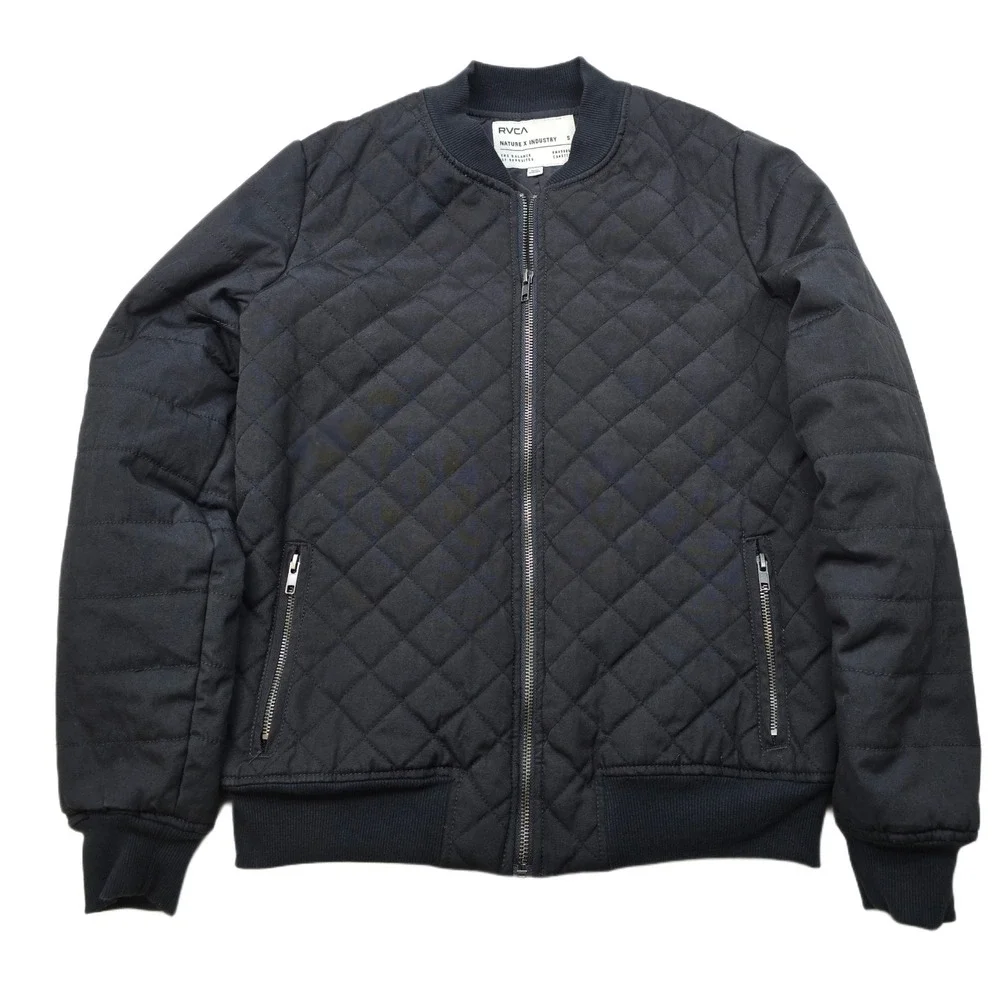 RVCA Quilted Bomber Jacket Mens Small Black Zip Up‎ Casual Outerwear Varsity